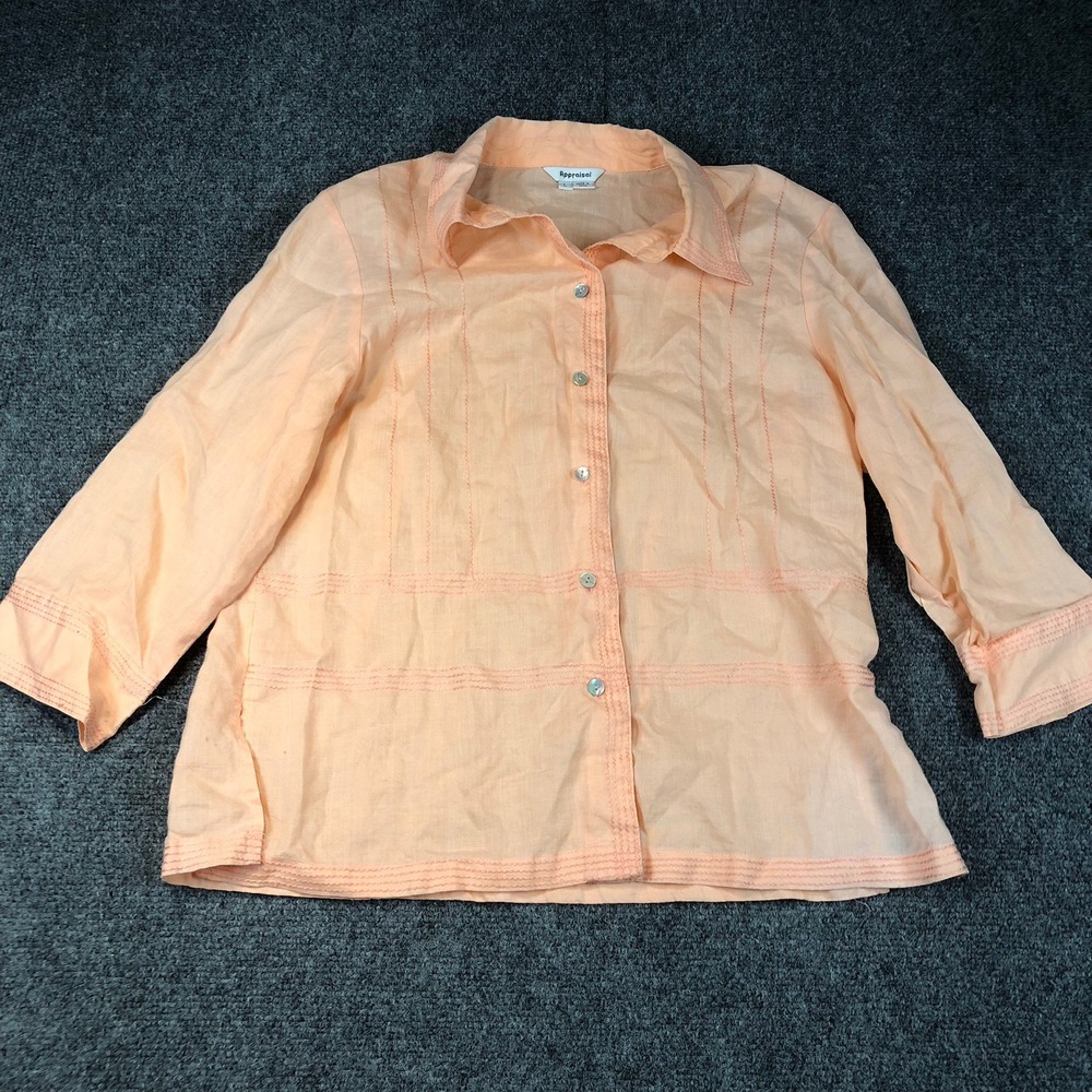 Appraisal Women's Orange Linen Blend Button Up Shirt 3/4 Sleeve Size L